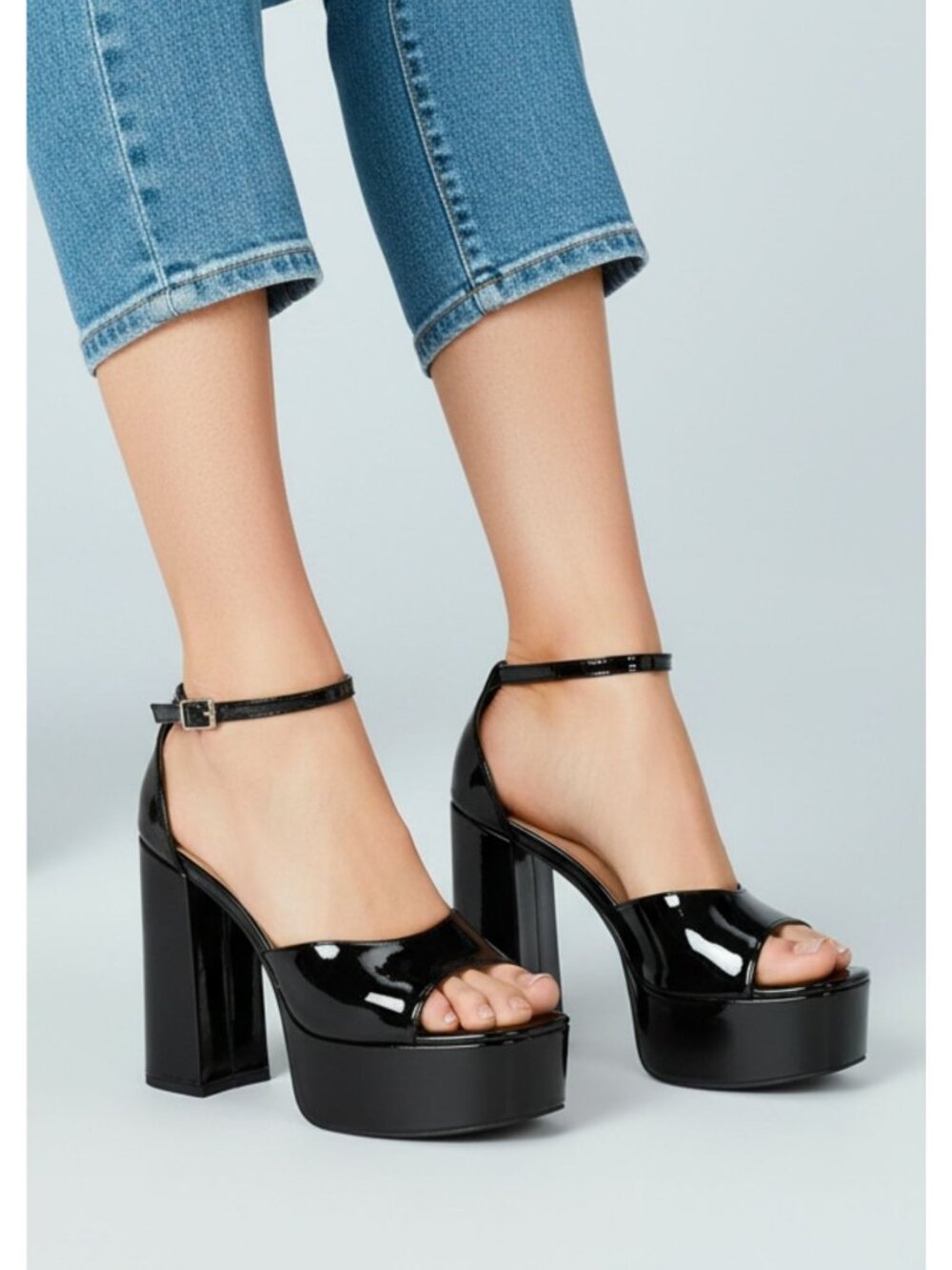 Black Patent Platform High Heels With Ankle Strap Chunky Block Heel Open Toe Des